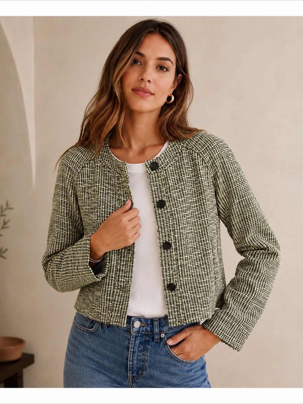 Rag & Bone Green Tweed Cropped Jacket Size 10 | Collarless Bouclé Blazer